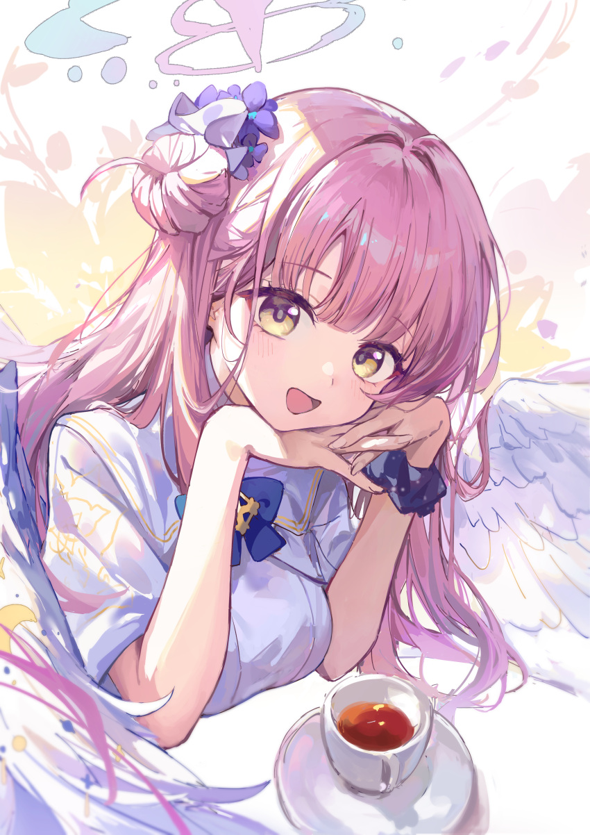 1girl, :d, absurdres, angel_wings, black_scrunchie, blue_archive, blue_bow, blush, bow, breasts, capelet, chinese_commentary, commentary_request, cup, dress, feathered_wings, flower, gradient_halo, hair_bun, hair_flower, hair_ornament, halo, head_rest, highres, long_hair, looking_at_viewer, mika_(blue_archive), multicolored_halo, open_mouth, pink_hair, pink_halo, purple_flower, scrunchie, single_side_bun, smile, solo, szi_f, tea, teacup, upper_body, white_capelet, white_dress, white_wings, wing_ornament, wings, wrist_scrunchie, yellow_eyes