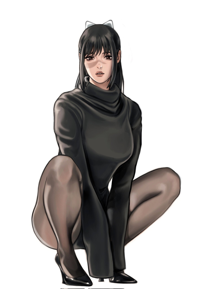 arms_between_legs, black_hair, bow, breasts, brown_eyes, commentary, eyelashes, facing_to_the_side