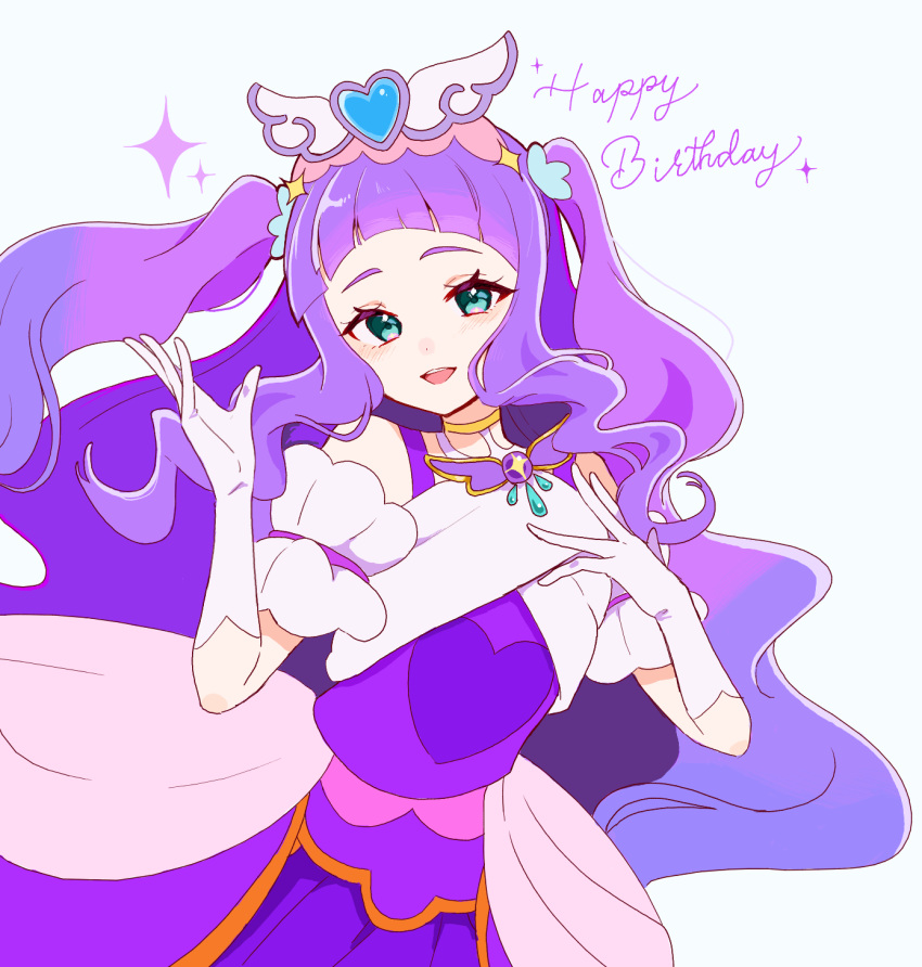 1girl, aqua_eyes, birthday, brooch, clothing_cutout, commentary, cowboy_shot, cure_majesty