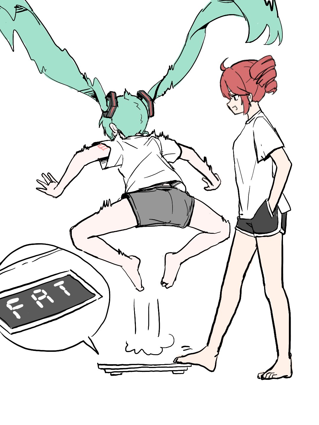 2girls, ahoge, alternate_costume, aqua_hair, arm_tattoo, barefoot, commentary, dolphin_shorts