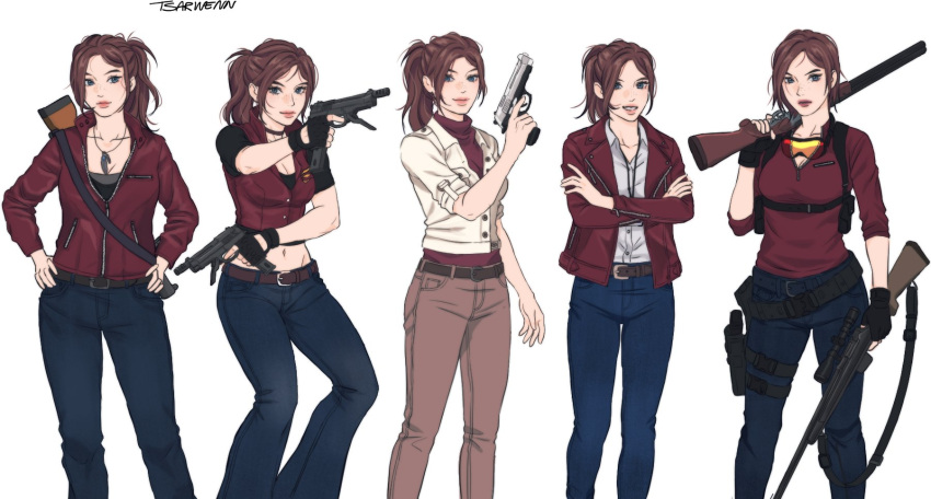 belt, belt_buckle, black_gloves, blue_eyes, breasts, brown_hair, buckle, choker, claire_redfield, commentary, crossed_arms, denim, english_commentary, eyelashes, fingerless_gloves, freckles, gloves, goggles, goggles_around_neck, gun, handgun, hands_on_own_hips, highres, holding, holding_gun, holding_sword, holding_weapon, holster, jacket, jeans, jewelry, long_hair, long_sleeves, medium_breasts, messy_hair, midriff, multiple_views, navel, necklace, over_shoulder, pants, pink_lips, ponytail, resident_evil, rifle, shirt, short_hair, short_sleeves, shotgun, simple_background, sword, thigh_holster, tsarwenn, turtleneck, vest, weapon, weapon_over_shoulder, white_background