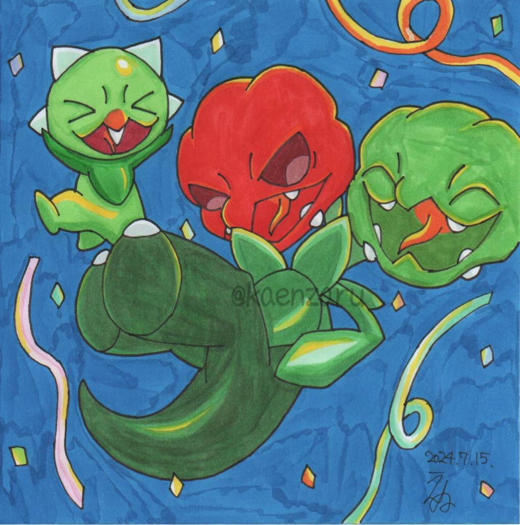 >_<, capsakid, closed_eyes, commentary_request, confetti, dated, evolutionary_line, fangs, kaenzaru, multiple_heads, no_humans, open_mouth, pokemon, pokemon_(creature), pokemon_focus, scovillain, signature, smile, streamers, tooth