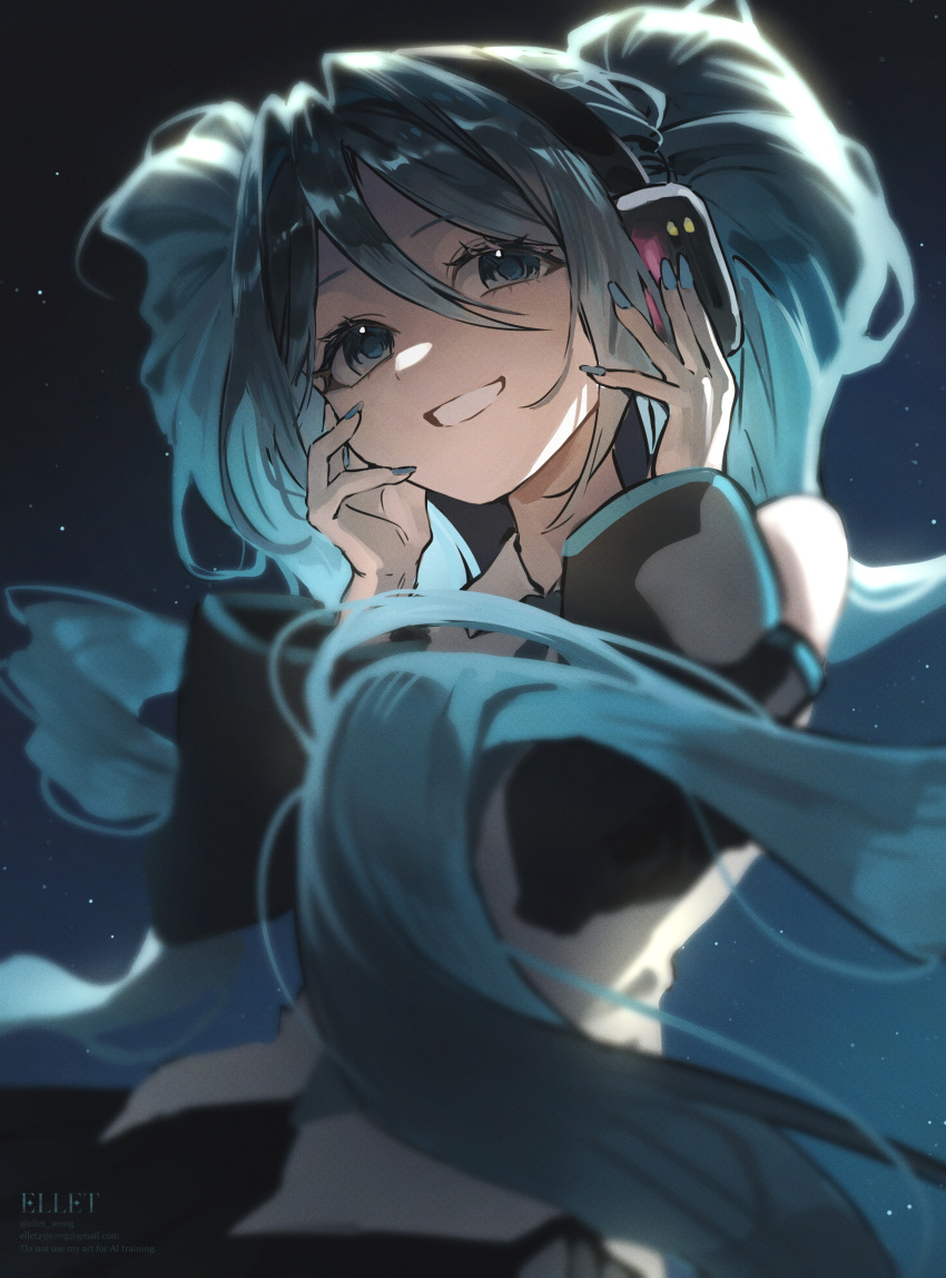 1girl, absurdres, aqua_eyes, aqua_hair, aqua_nails, bare_shoulders, black_sleeves, blue_eyes