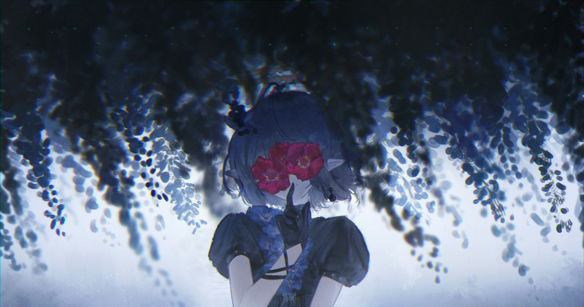 1girl, absurdres, artist_name, black_gloves, blue_flower, commentary, covered_eyes, facing_viewer