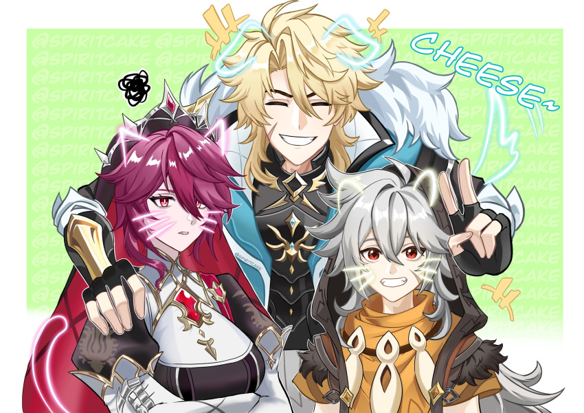 1girl, 2boys, absurdres, black_gloves, black_hood, blonde_hair, breasts, closed_eyes