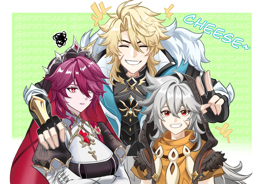 1girl, 2boys, absurdres, black_gloves, black_hood, blonde_hair, breasts, closed_eyes