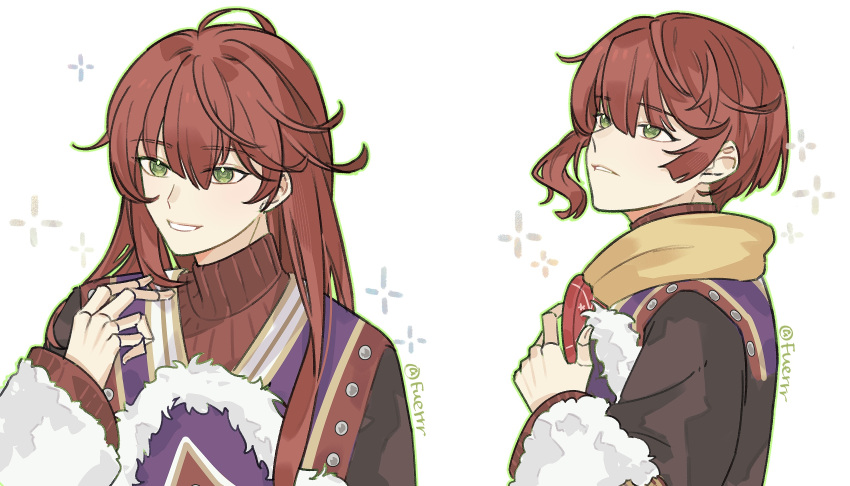 1boy, alternate_hair_length, alternate_hairstyle, cuilang_(rune_factory), fuerrr, gear-shaped_pupils, green_eyes, hair_between_eyes