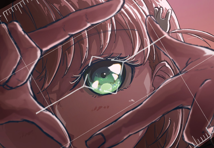 1girl, commentary_request, eye_focus, finger_frame, finger_frame_over_eye, green_eyes, hair_ornament, hancho_1021