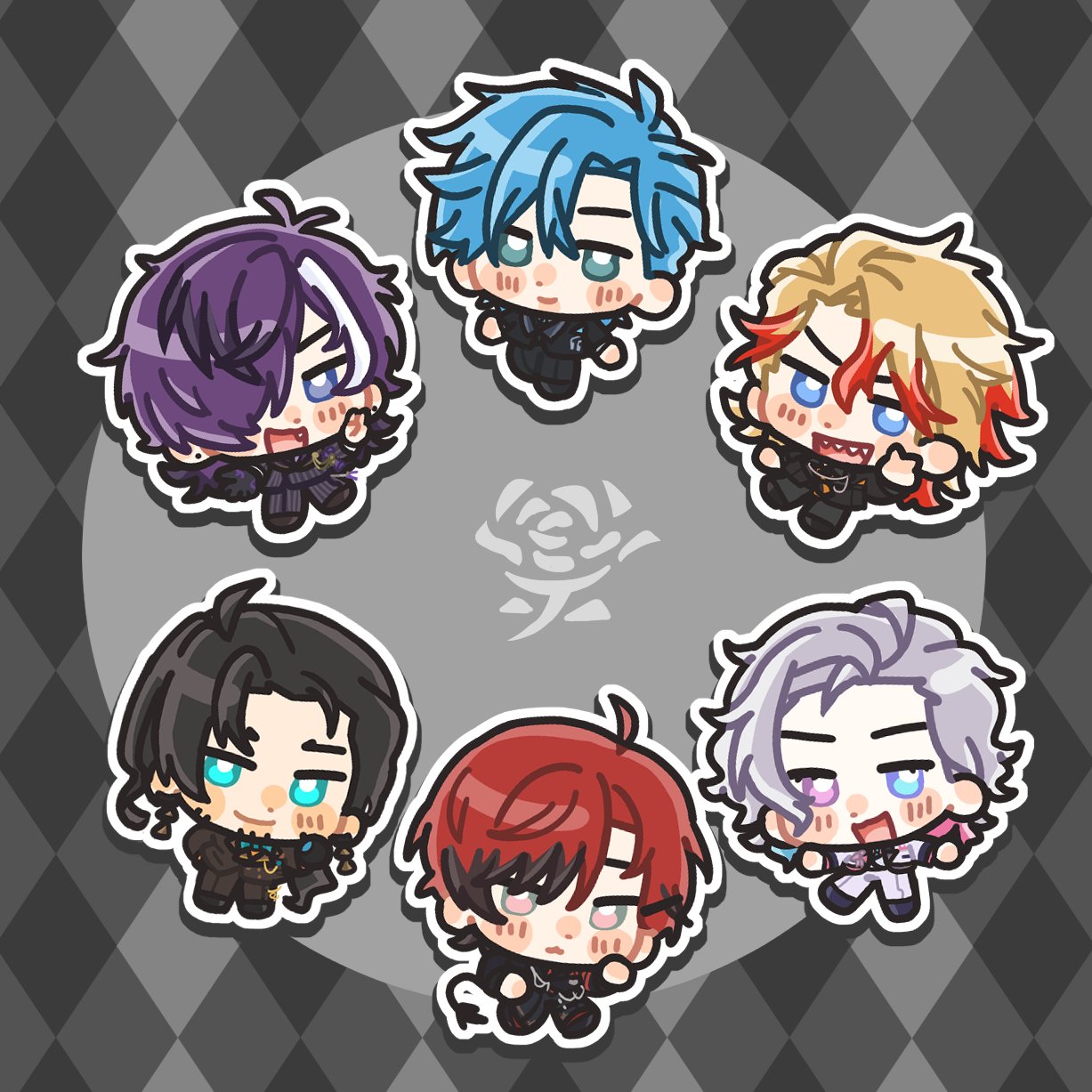 6+boys, ahoge, aqua_eyes, argyle_background, axel_syrios, banzoin_hakka, black_background, black_hair