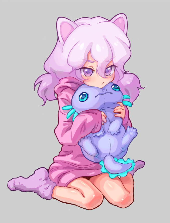 1girl, \||/, animal_ears, ankle_socks, bare_legs, blush, cat_ears, cat_girl, child, closed_mouth, cntrct, commentary_request, double-parted_bangs, eyes_visible_through_hair, full_body, fur_socks, grey_background, hair_between_eyes, hands_up, holding, holding_stuffed_toy, hood, hood_down, hoodie, long_hair_between_eyes, long_sleeves, looking_at_viewer, low_twintails, medium_hair, no_pants, no_shoes, original, pink_hoodie, pout, puffy_long_sleeves, puffy_sleeves, purple_hair, purple_socks, simple_background, sitting, socks, solo, stuffed_animal, stuffed_axolotl, stuffed_toy, twintails, v-shaped_eyebrows, violet_eyes, wariza