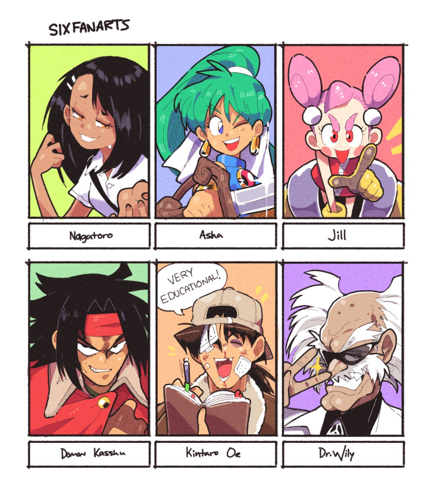 3boys, 3girls, asha_(monster_world), backwards_hat, balding, bandage_on_face, bandage_over_one_eye, bandages