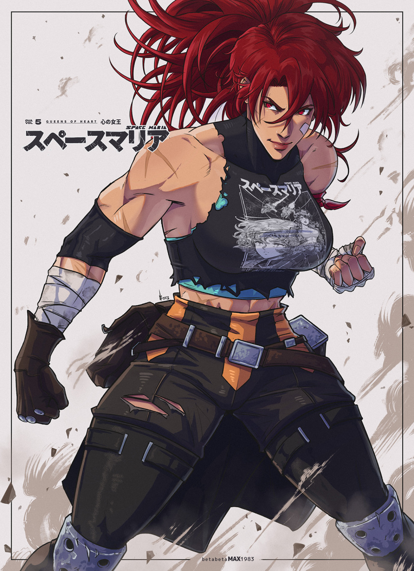 1girl, abs, armband, bandaged_arm, bandaged_hand, bandages, bandaid, bandaid_on_cheek