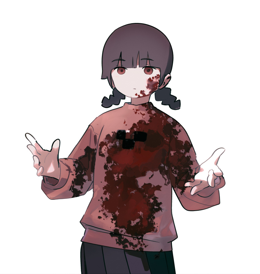 1girl, absurdres, black_skirt, blood, blood_on_clothes, blood_on_face, blunt_bangs, braid