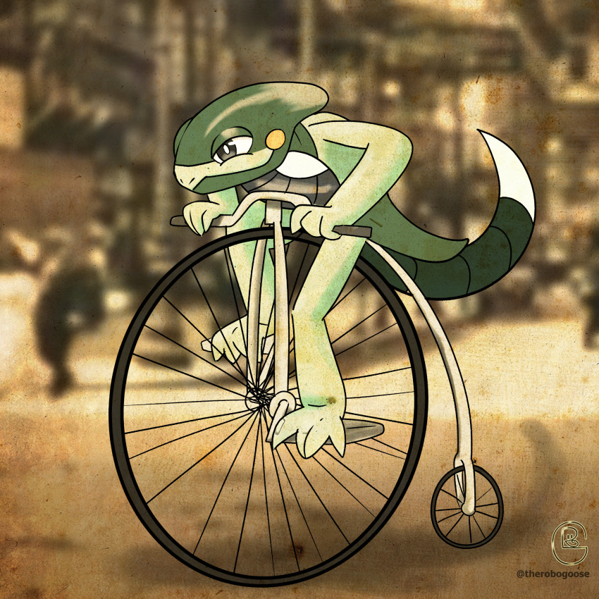 bicycle, black_eyes, blurry, blurry_background, bright_pupils, closed_mouth, commentary, cyclizar
