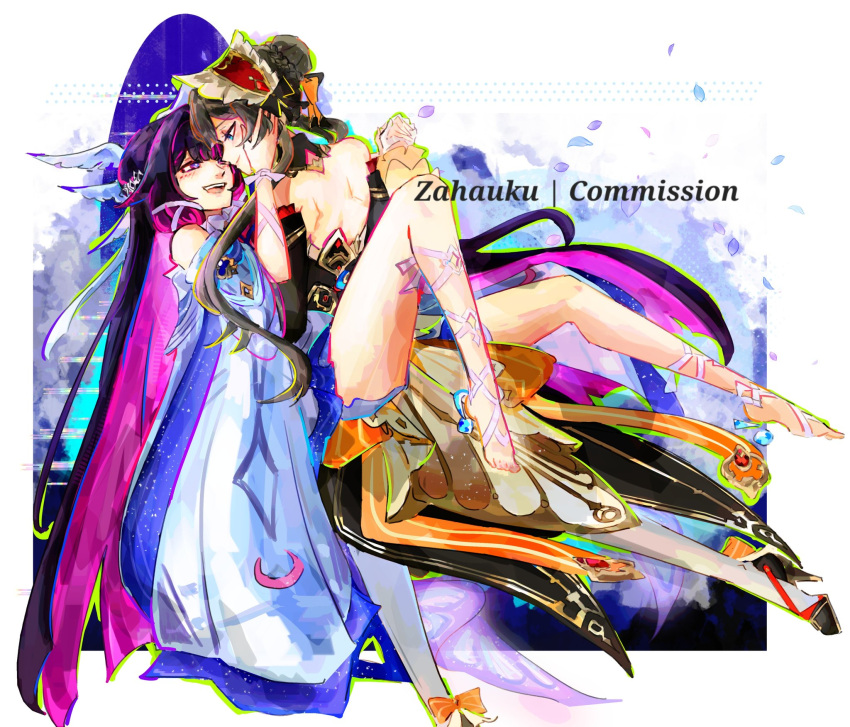 2girls, arm_ribbon, bare_shoulders, between_legs, black_collar, black_hair, black_sleeves, blue_eyes