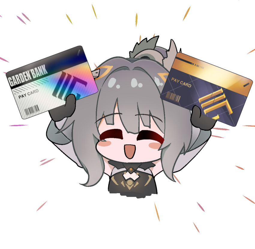 1girl, black_gloves, blush_stickers, card, closed_eyes, commentary_request, credit_card, cropped_torso