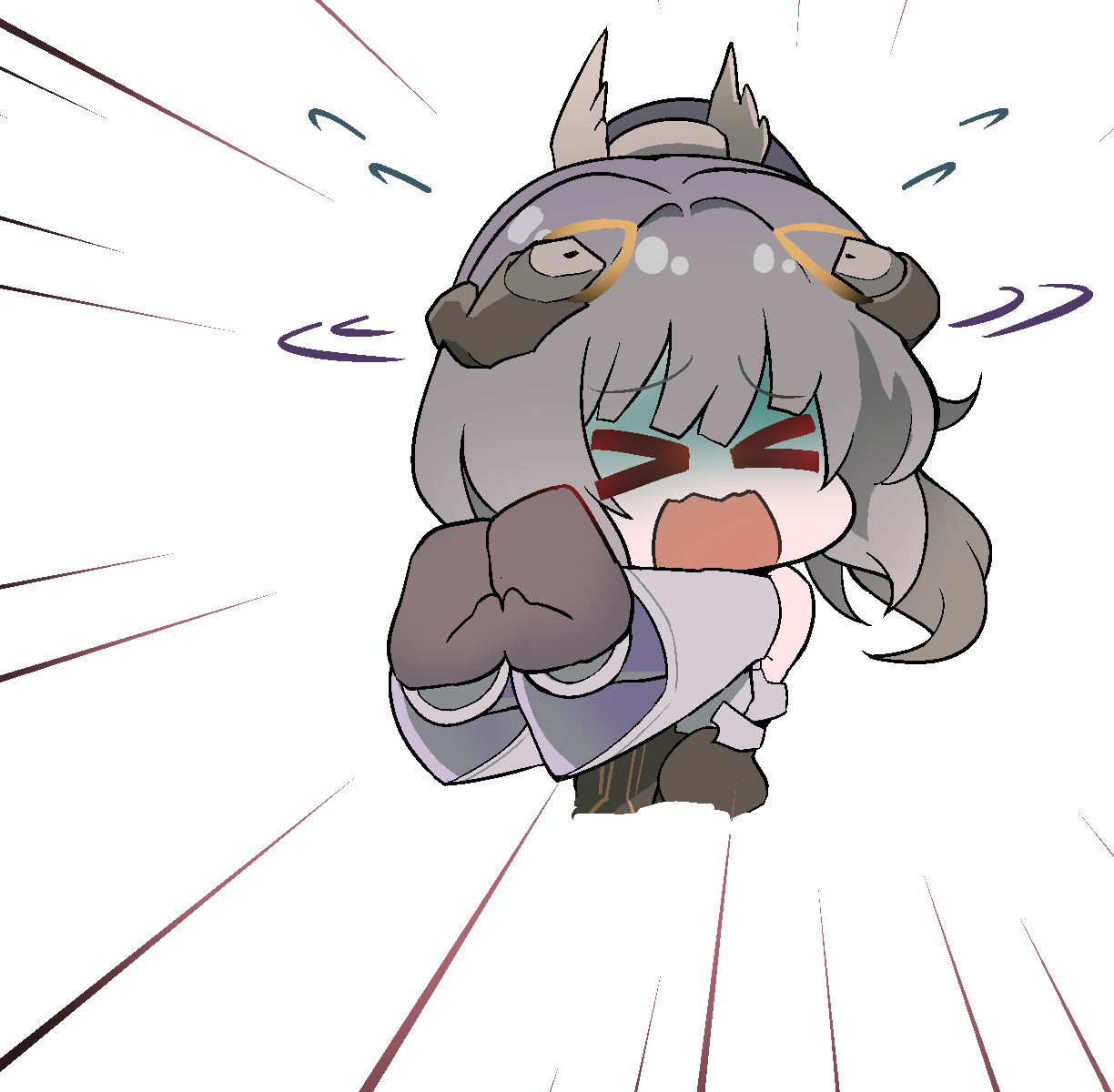 >_<, 1girl, commentary_request, cropped_torso, dorinhakawaii, grey_hair, headgear, highres