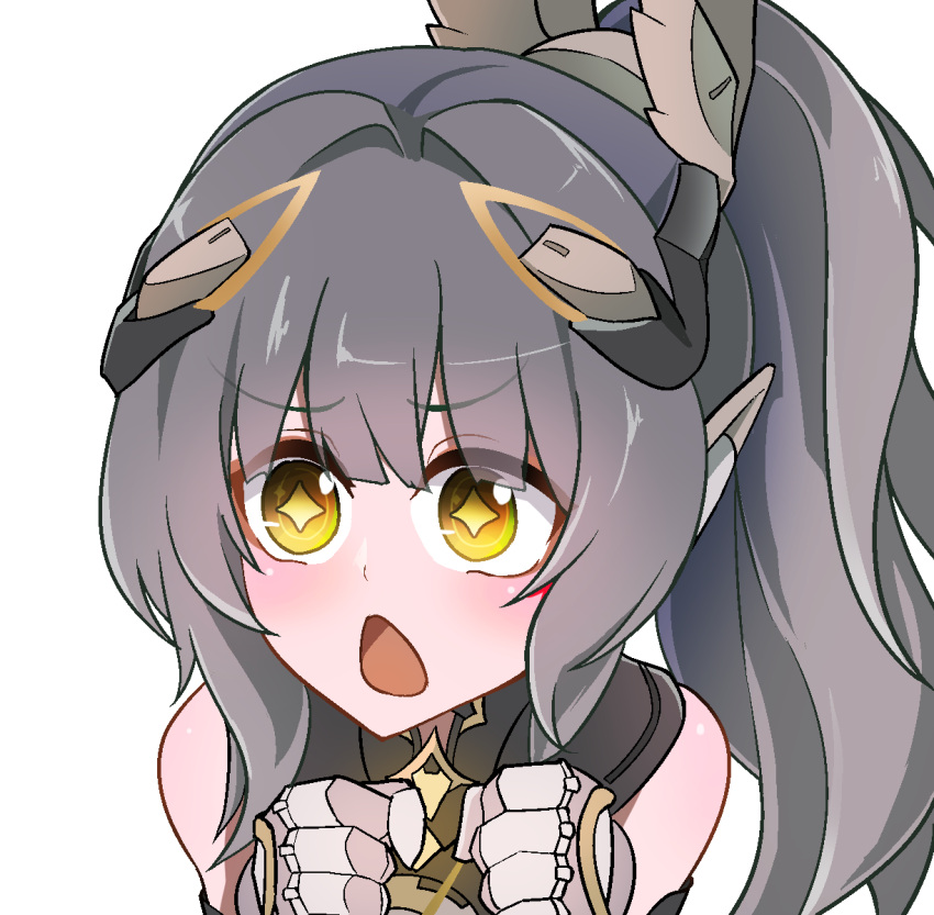 1girl, bare_shoulders, clenched_hands, commentary_request, diamond-shaped_pupils, diamond_(shape), dorinhakawaii, grey_hair