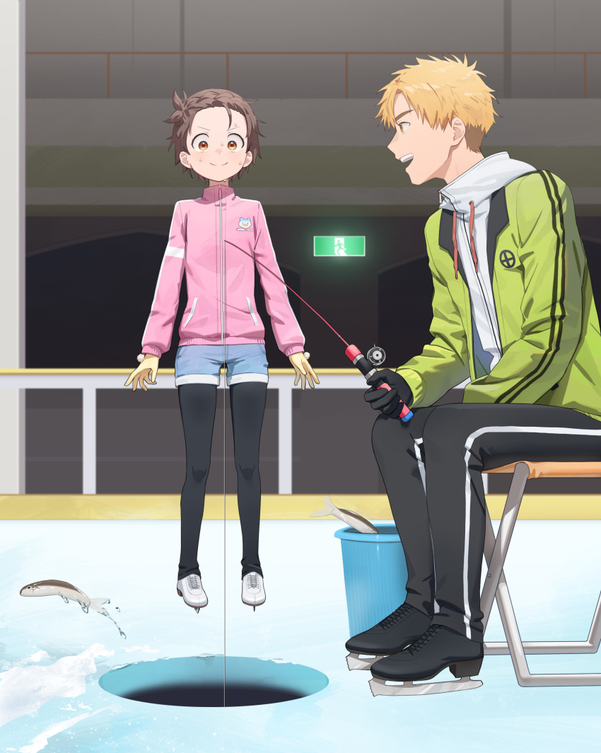 1boy, 1girl, absurdres, akeuraji_tsukasa, black_gloves, black_pants, blonde_hair, blue_shorts