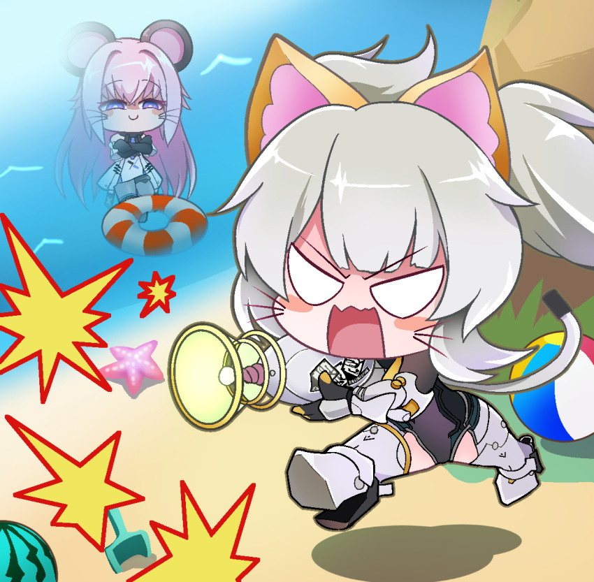 2girls, animal_ears, ball, beachball, black_leotard, blank_eyes, cat_ears, cat_girl