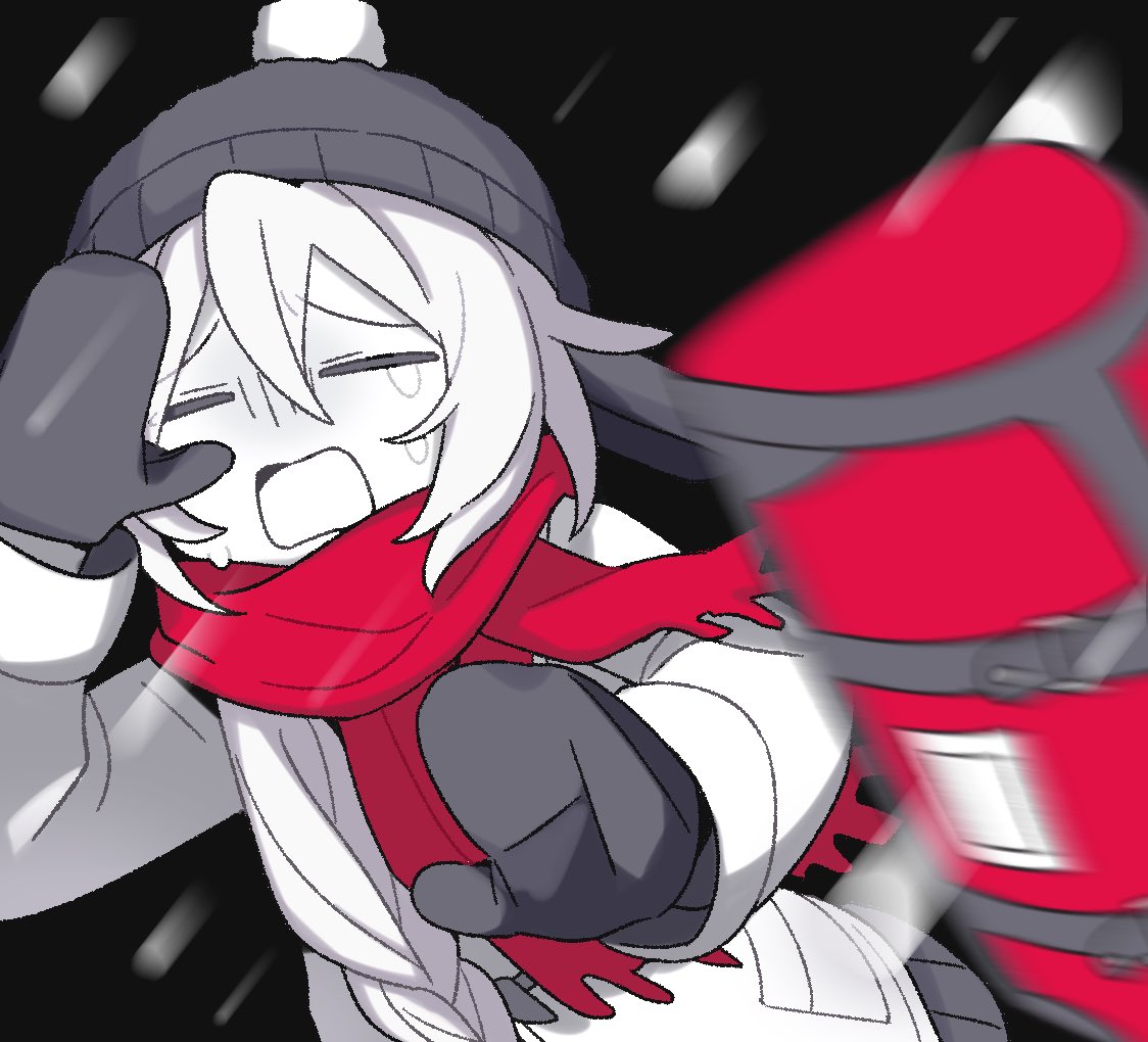 1girl, bag, beanie, black_background, braid, chinese_commentary, closed_eyes, coat, commentary_request, crying, duffel_bag, earflap_beanie, furrowed_brow, hair_over_shoulder, hands_up, hat, ia_(vocaloid), incoming_attack, long_hair, mittens, open_mouth, partially_colored, pom_pom_(clothes), pom_pom_beanie, red_scarf, scared, scarf, shielding, silly_terror_(vocaloid), single_braid, snowing, solo, tsuki_(sakatsuki627), upper_body, vocaloid, winter_clothes, winter_coat