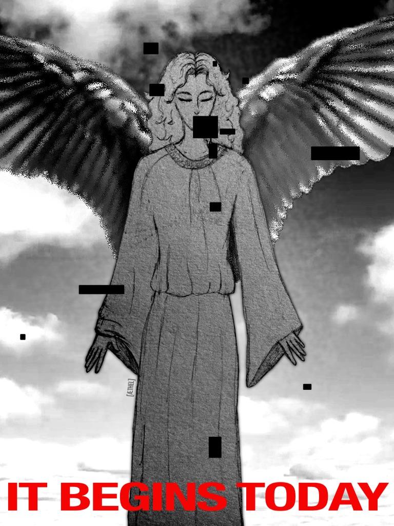 1boy, aethling, alternate_(mandela_catalogue), angel_wings, artist_name, closed_eyes, clouds, commentary, english_commentary, english_text, gabriel_(mandela_catalogue), long_hair, male_focus, mandela_catalogue, open_hands, robe, sky, sleeves_past_wrists, spot_color, wide_sleeves, wings