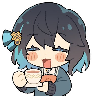 1girl, :3, black_hair, blue_hair, blue_ribbon, blue_sweater, bow, bowtie