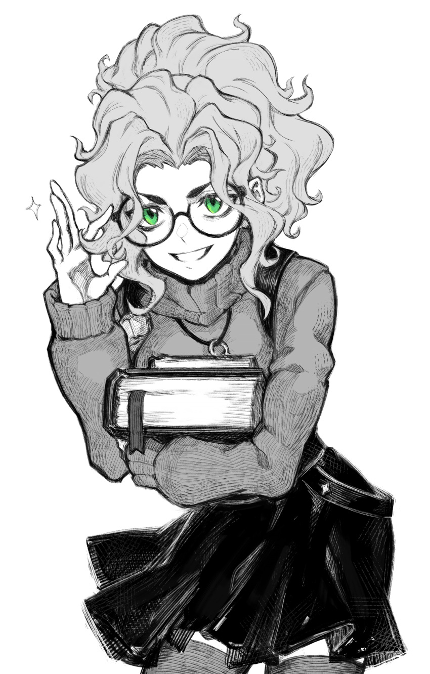 1girl, book, cowboy_shot, deadlock_(game), glasses, green_eyes, highres, holding