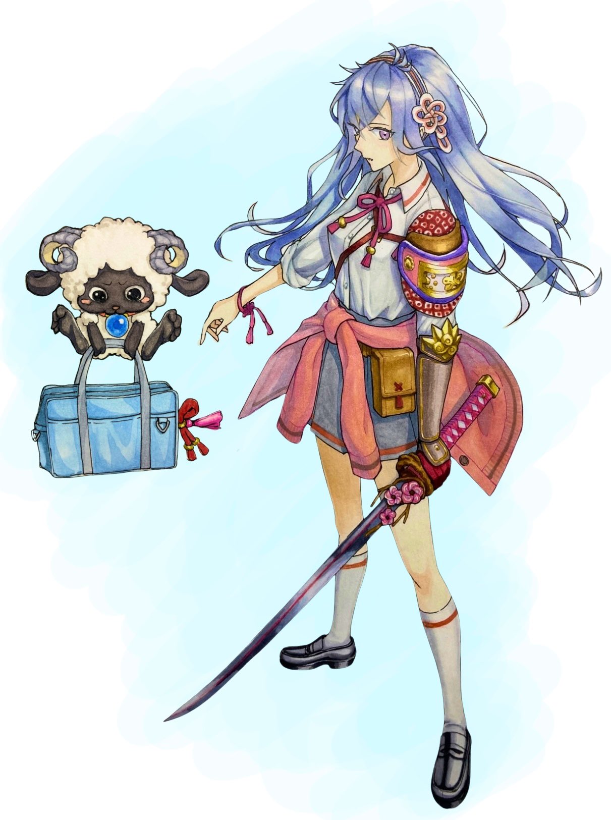 1boy, 1girl, alternate_costume, armor, bag, commentary_request, contemporary, hair_branch