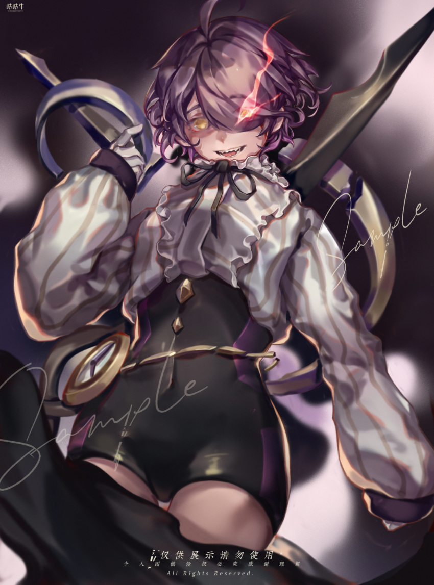 1girl, :d, ahoge, artist_name, black_shorts, commentary_request, commission, cowboy_shot, gloves, glowing, glowing_eye, gugu_niu, heterochromia, highres, holding, holding_polearm, holding_weapon, honkai_(series), honkai_gakuen, long_sleeves, looking_at_viewer, multicolored_hair, open_mouth, pink_hair, polearm, purple_hair, revision, sample_watermark, sharp_teeth, shirt, short_hair, shorts, sin_mal, smile, solo, teeth, two-tone_hair, violet_eyes, watermark, weapon, white_gloves, white_shirt, yellow_eyes