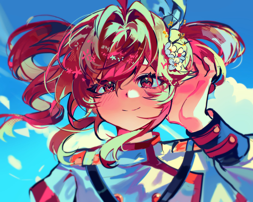 0916psy, 1girl, absurdres, ahoge, blue_sky, blush, closed_mouth, clouds, commentary_request, drill_hair, hand_up, highres, kasane_teto, kasane_teto_(sv), long_sleeves, looking_at_viewer, red_eyes, red_hair, short_hair, sky, smile, solo, synthesizer_v, twin_drills, upper_body, utau, vocaloid