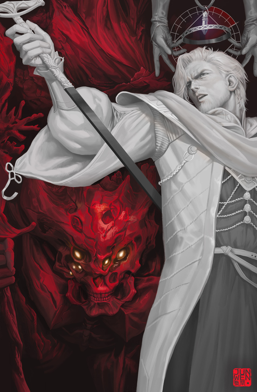 1boy, cloak, coif, commentary_request, crown, elden_ring, elden_ring_nightreign, facial_hair