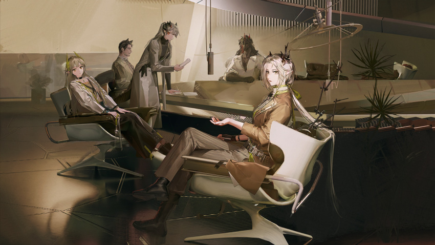 2boys, 3girls, andenate_maryam_(arknights), animal_ears, arknights, arm_on_table, artist_request, asymmetrical_horns