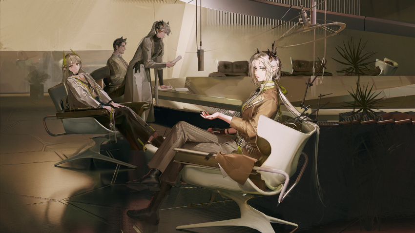 1boy, 3girls, animal_ears, arknights, artist_request, asymmetrical_horns, belt, black_horns