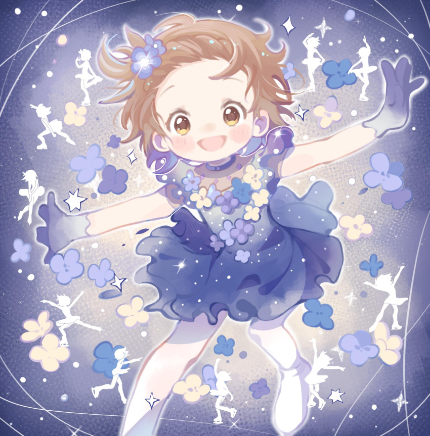 1girl, blue_dress, blue_gloves, blue_theme, braid, braided_bangs, brown_eyes, brown_hair