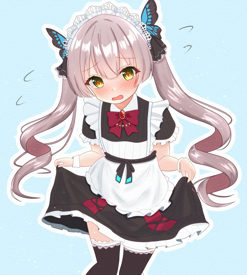 1girl, apron, black_ribbon, black_shirt, black_skirt, black_thighhighs, blue_background, blunt_bangs