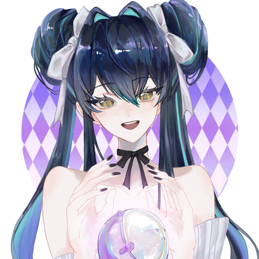 1girl, absurdres, aqua_streaks, argyle_background, black_nails, bubble, chinese_commentary, collarbone