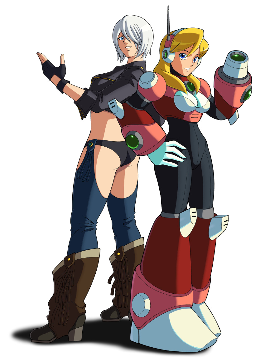 2girls, absurdres, alia_(mega_man), android, angel_(kof), arm_cannon, armor, backless_pants