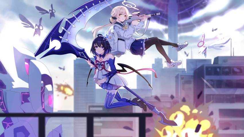 2girls, absurdres, ahoge, assault_rifle, backpack, bag, bare_shoulders, blue_archive