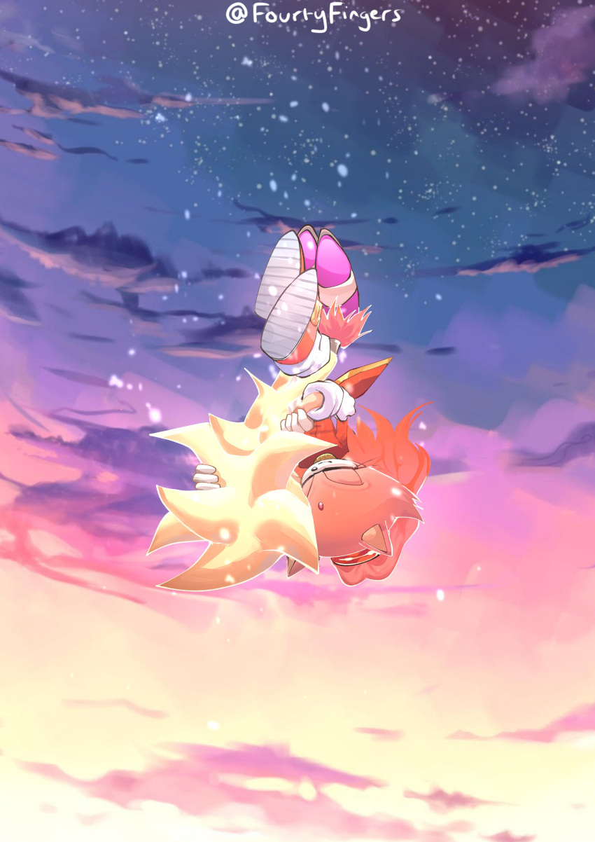 1boy, 1girl, absurdres, animal_ears, blaze_the_cat, burning_blaze, cat_ears, cat_girl, cat_tail, clouds, cloudy_sky, commentary, english_commentary, falling, forehead_jewel, fourtyfingers, furry, furry_female, furry_male, gloves, glowing, gradient_sky, headband, hedgehog_boy, highres, hug, orange_sky, pink_fur, red_headband, sky, sonic_(series), sonic_rush, sonic_the_hedgehog, sunset, super_sonic, tail, twilight, upside-down, yellow_fur
