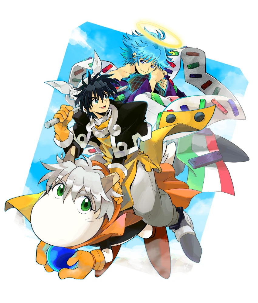 2boys, black_hair, black_jacket, blue_hair, closed_mouth, commentary_request, fugen_shinjin, full_body