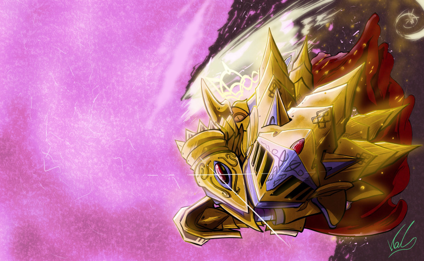 1boy, absurdres, armor, cape, commentary, english_commentary, excalibur_(sonic), excalibur_sonic, flying, gem, gold_armor, hedgehog_boy, highres, holding, holding_sword, holding_weapon, light_trail, red_cape, red_gem, solo, sonic_(series), sonic_and_the_black_knight, sonic_the_hedgehog, sword, valrin_arts, weapon