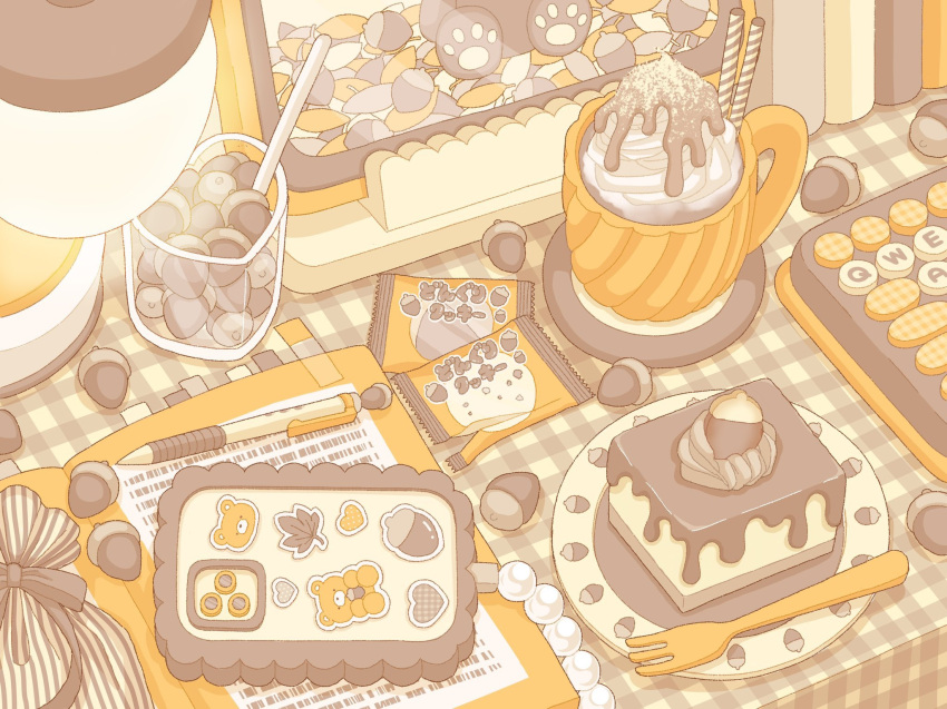 absurdly_detailed_composition, acorn, acorn_print, acorn_sticker, adobe_fresco_(medium), bear_sticker, book, brown_ribbon, brown_theme, cake, cellphone, checkered_tablecloth, commentary, computer_keyboard, cream, cup, drinking_straw, food, food_focus, fork, glass, guest_art, heart, heart_sticker, highres, indoors, lamp, leaf_sticker, mirror, nekomaru0817, original, pastel_colors, pearl_ornament, pencil, phone, plate, ribbon, scenery, smartphone, sticker, stuffed_animal, stuffed_toy, tablecloth, teddy_bear, translation_request, vertical-striped_bag