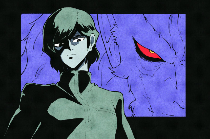 2boys, body_fur, colored_sclera, digital_devil_story, frown, gakuran, highres, inkerton-kun