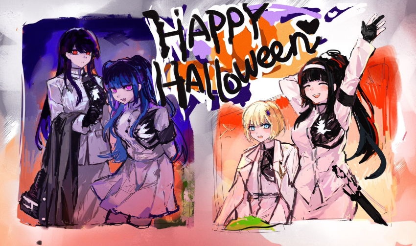 4girls, alternate_costume, amemiya_darumi, black_hair, blonde_hair, blue_eyes, commentary, happy_halloween
