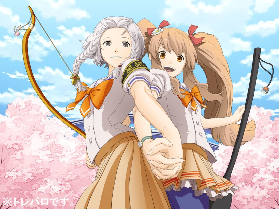 2girls, bow_(weapon), brown_eyes, brown_hair, character_request, clouds, commentary_request, holding