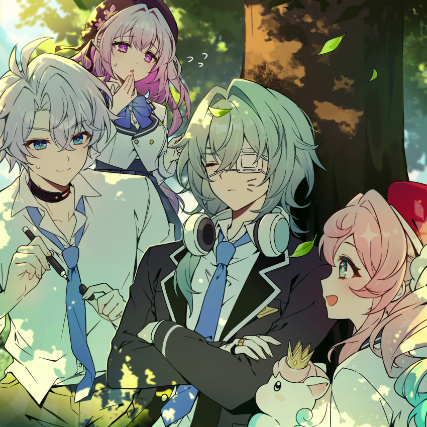 2boys, 2girls, absurdres, against_tree, alternate_costume, anaxa_(honkai:_star_rail), antenna_hair, aqua_hair