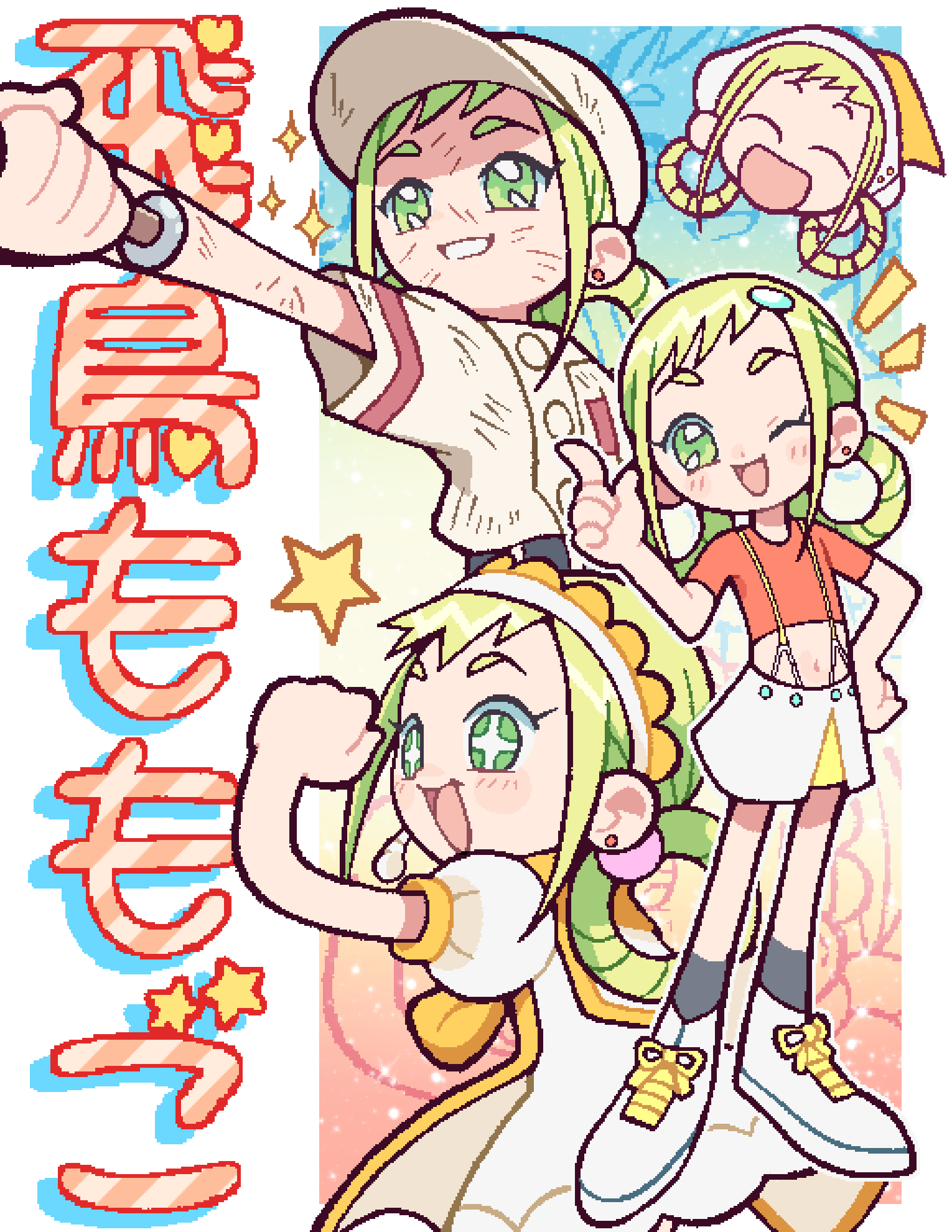 +_+, 1girl, asuka_momoko, baseball_bat, baseball_uniform, black_socks, blonde_hair, castussan, character_name, clenched_hand, commentary, dirty, dirty_clothes, dirty_face, dress, english_commentary, green_eyes, hair_rings, hand_on_own_hip, hand_up, hat, highres, holding, holding_baseball_bat, index_finger_raised, long_hair, looking_at_viewer, magical_girl, midriff, multiple_views, ojamajo_doremi, one_eye_closed, open_mouth, orange_shirt, puffy_short_sleeves, puffy_sleeves, shirt, shoes, short_sleeves, skirt, smile, sneakers, socks, sportswear, star_(symbol), translation_request, white_dress, white_shoes, white_skirt, witch_hat