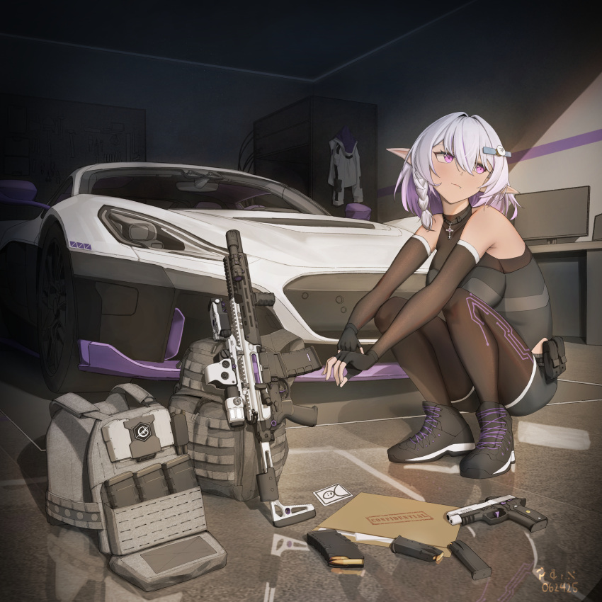 1girl, absurdres, assault_rifle, bulletproof_vest, car, commentary, commission, dark_skin, gun, handgun, highres, hood, hoodie, looking_to_the_side, magazine_(weapon), monitor, motor_vehicle, original, painlnajar, rifle, short_hair, squatting, weapon, white_hair