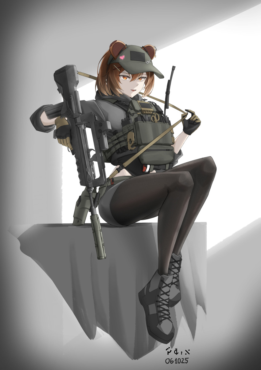 1girl, absurdres, animal_ears, antennae, assault_rifle, baseball_cap, bear_ears, bulletproof_vest